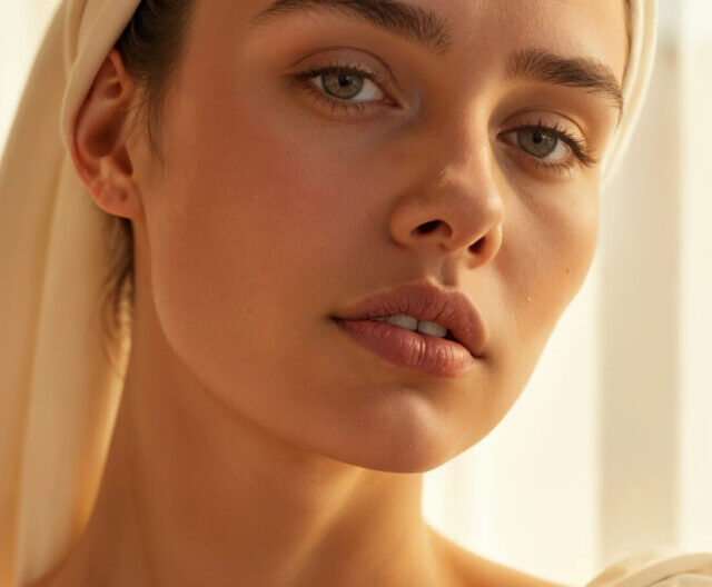 woman-bathrobe-sprays-skincare-product-soft-lighting
